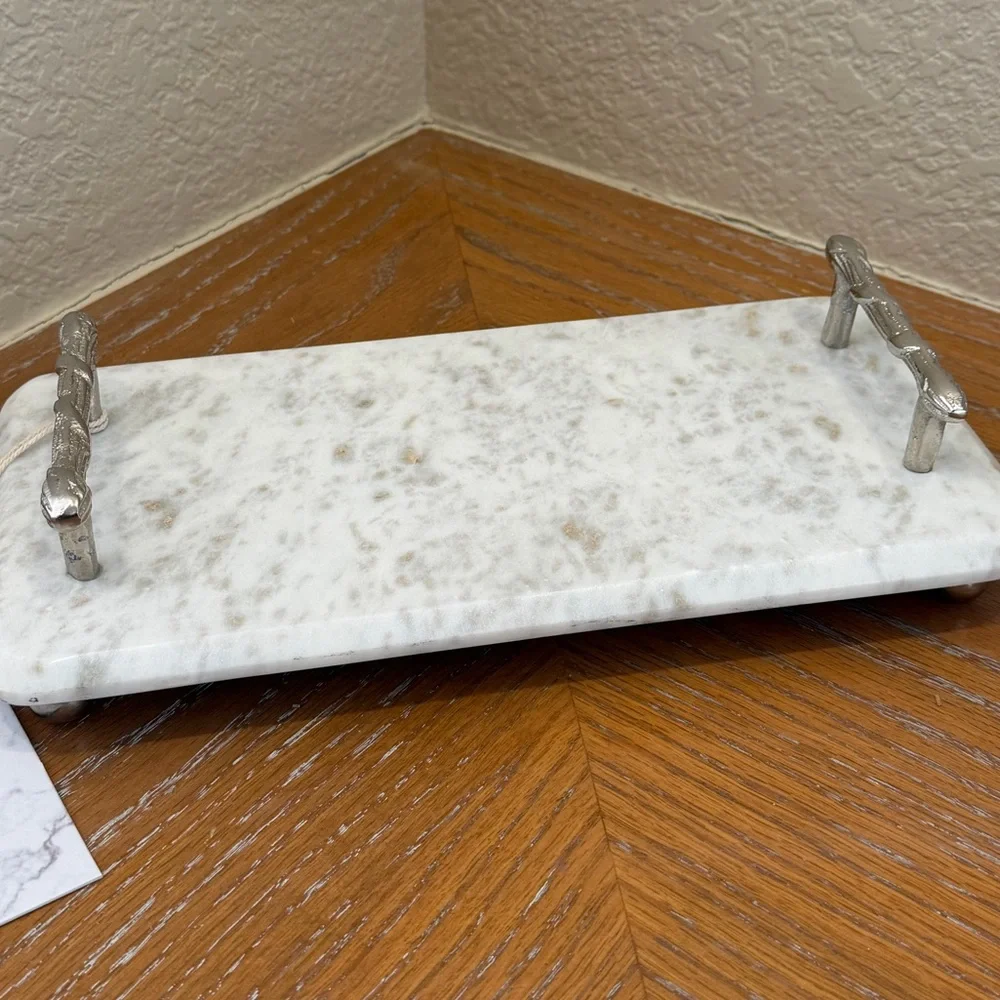 NWT Elegant Marble Bath Vanity Tray with Silver Handles - Made in India